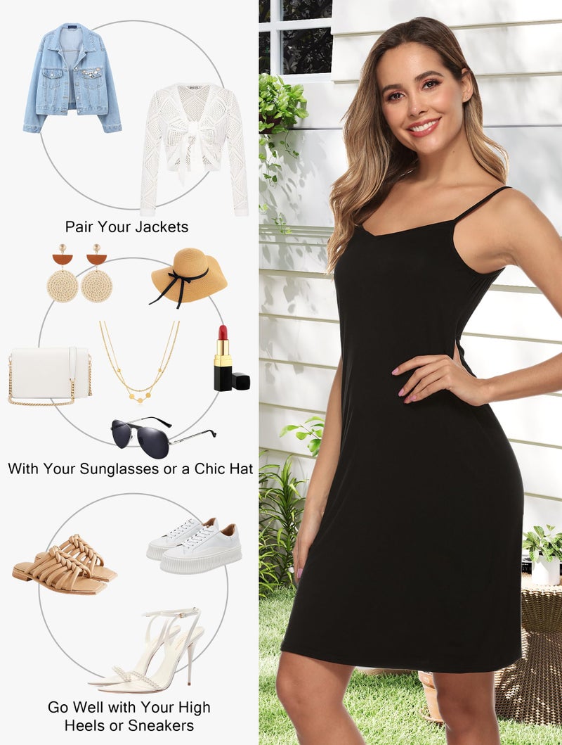 Vlazom Women Full Slips Sexy Soft Under Dress Basic Adjustable Spaghetti Strap Cami Slip Chemises V Neck Negligee A-black - Image 5